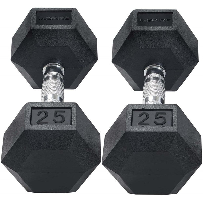 Inspire Fitness 210 lb. (5-30 lb.) Rubber Dumbbell Set with 6 pair Vertical Rack