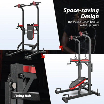 Pooboo Power Tower Dip Station, Pull-Up Bar, Supine Board, Adjustable