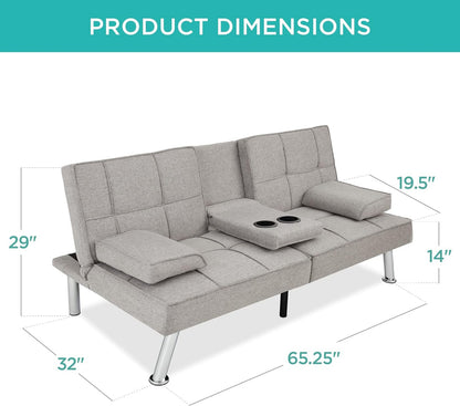 Best Choice Products Linen Upholstered Modern Convertible Folding Futon Sofa Bed for Compact Living Space, Apartment, Dorm, Bonus Room w/Removable Armrests, Metal Legs, 2 Cupholders - Gray