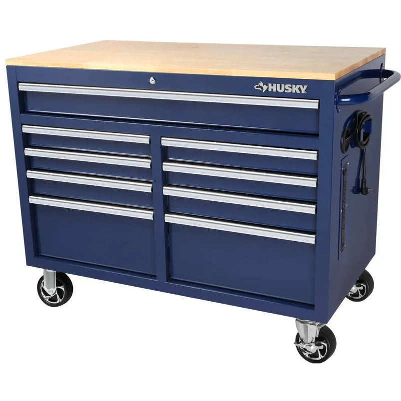 46-in W x 24.5-in D 9-Drawer Mobile Workbench with Hardwood Top and Power Station Gloss Black