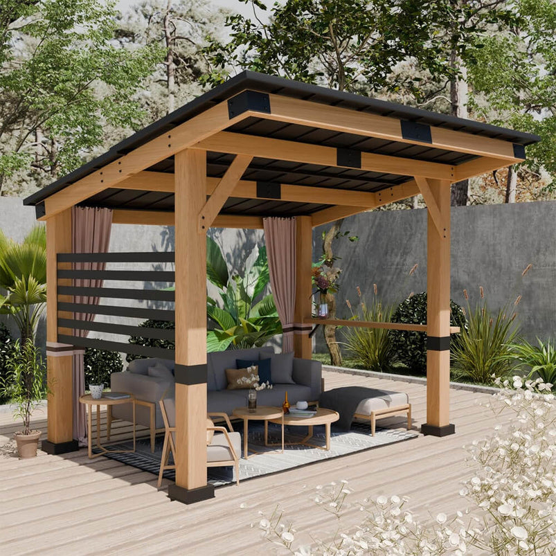 10x12FT Heavy Duty Premium Outdoor All-Season Wooden Cedar Hardtop Gazebo With Metal Roof & Back Curtains (SAK57184)