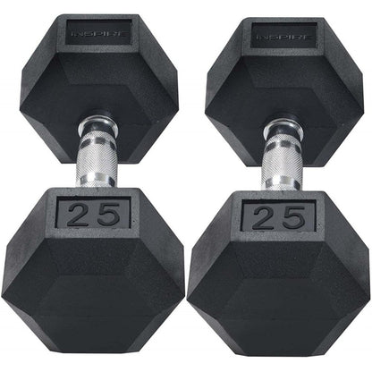 Inspire Fitness 210 lb. (5-30 lb.) Rubber Dumbbell Set with 6 pair Vertical Rack