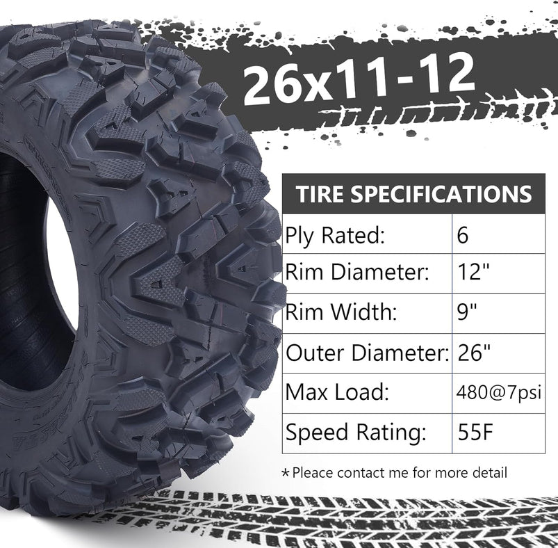 26x12x12 Atv Tires, Set of 2 Atv Tires 26x12-12 6PR, All Terrain Atv/Utv Off-Road Tires, Black