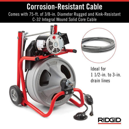 K-400 Drain Cleaning Snake Auger 120-Volt Drum Machine with C-32IW 3/8 in. x 75 ft. Cable + 4-Piece Tool Set & Gloves 52363