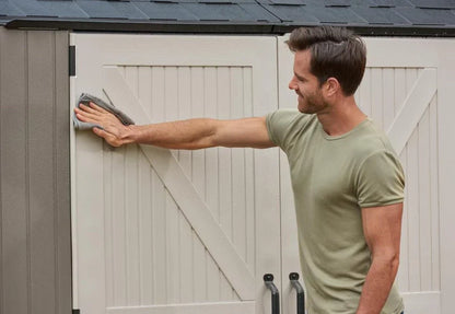 Rubbermaid Resin Outdoor Storage Shed With Floor (7 x 7 Ft) Weather Resistant Gray Organization for Home/Backyard/Garden Tools/Lawn Mower/Bike Storage/Pool Supplies