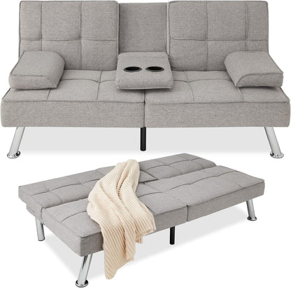 Best Choice Products Linen Upholstered Modern Convertible Folding Futon Sofa Bed for Compact Living Space, Apartment, Dorm, Bonus Room w/Removable Armrests, Metal Legs, 2 Cupholders - Gray